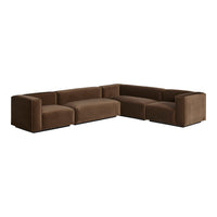 Brown sectional sofa with a modern design, featuring a sleek, smooth texture and seamless, angular shapes.