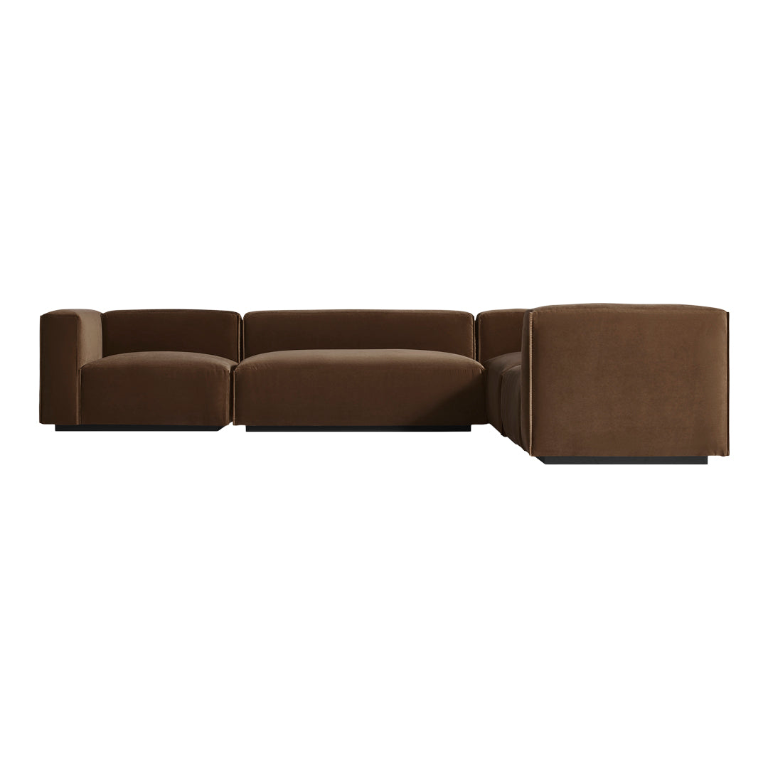 Brown upholstered sectional sofa with smooth, modern lines and a minimalist design. Ideal for contemporary living spaces.