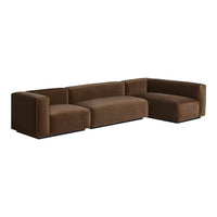 Brown velvet sectional sofa with a modern, minimalist design and clean lines, perfect for contemporary interiors.
