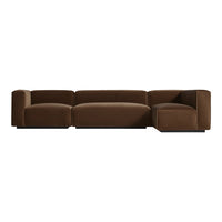 Modern brown sectional sofa with a sleek, minimalist design, featuring a smooth fabric texture and clean lines.