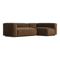 Brown velvet sectional sofa with a modern, sleek design and solid color upholstery. Ideal for contemporary spaces.