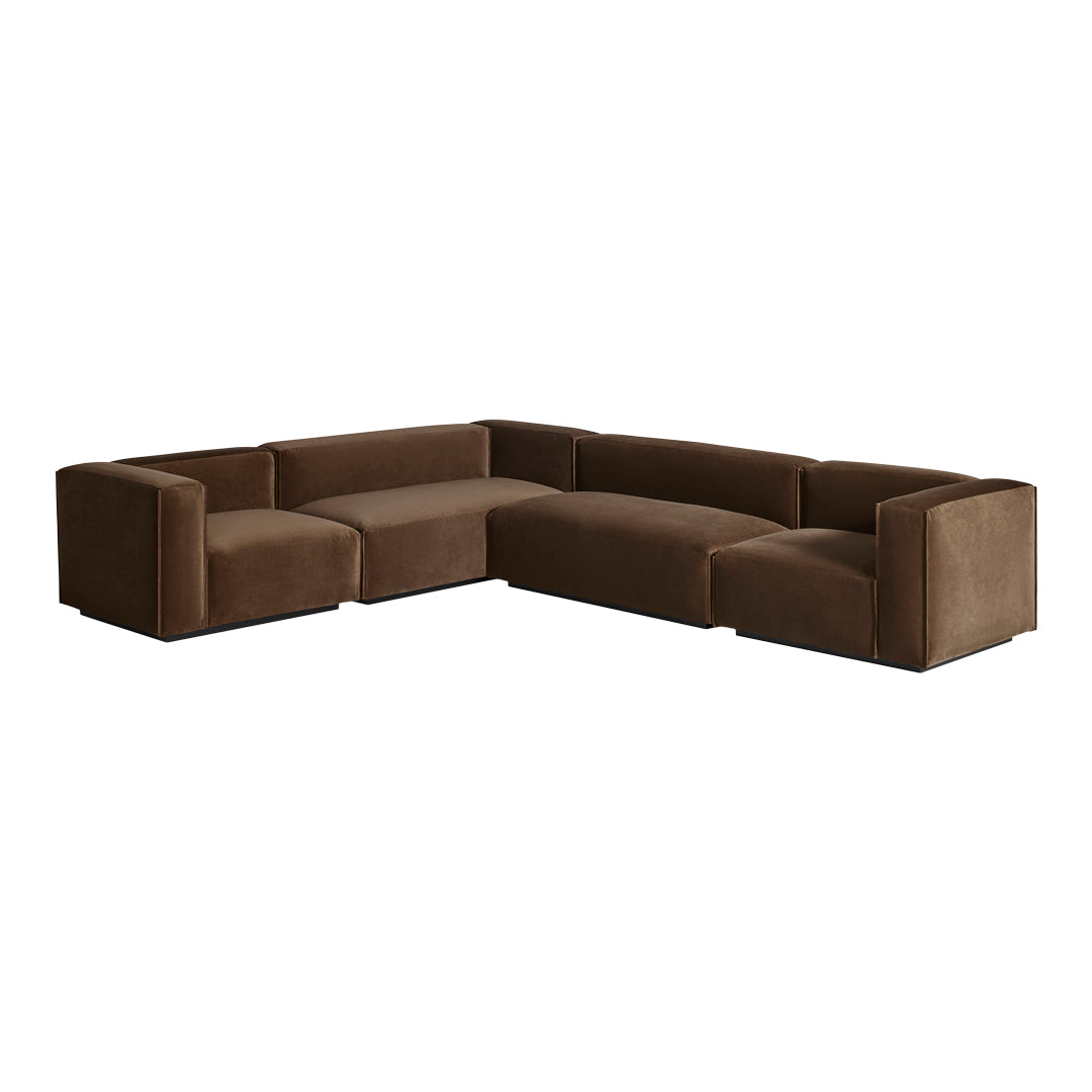 Corner sofa in rich brown fabric with a minimalist design and smooth texture, perfect for modern living spaces.