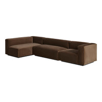 Brown velvet sectional sofa with a modern, geometric design and clean lines, perfect for contemporary interiors.