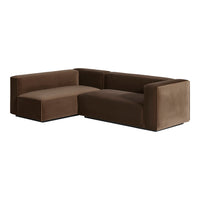 Brown sectional sofa with a sleek, modern design and plush, smooth fabric. Ideal for contemporary living spaces.