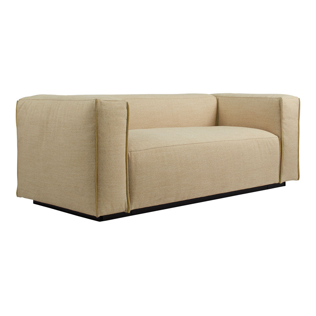 Beige modern sofa with clean lines and minimalist design, featuring a textured fabric and black base.