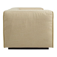 Beige upholstered sofa with a smooth, minimalist design and contrasting dark wood legs. Perfect for modern interiors.