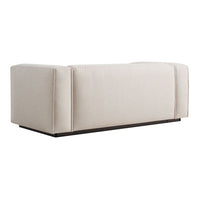 Beige modern sofa with clean lines and a textured fabric finish against a black base. Simple and elegant design.