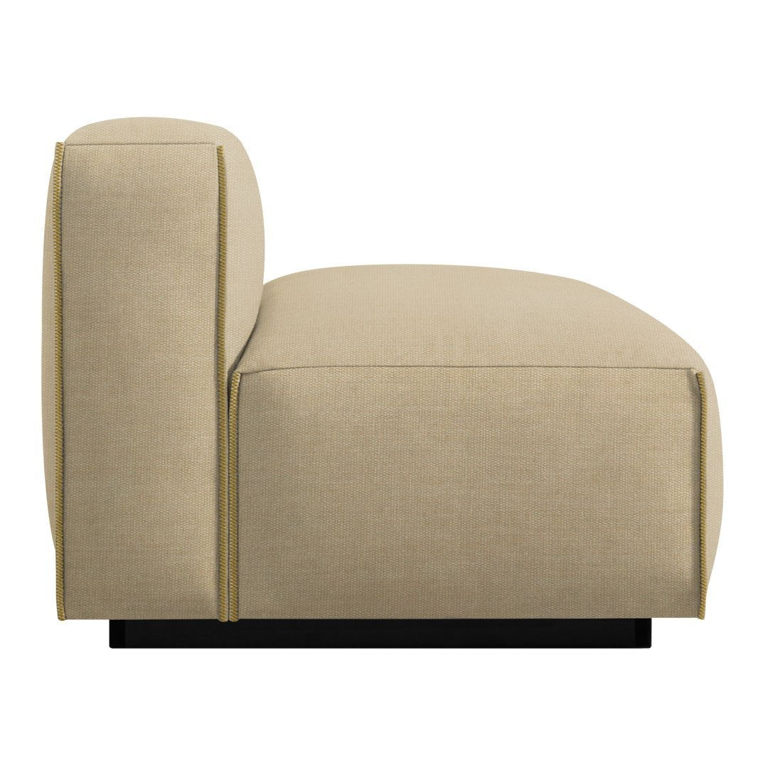Beige upholstered chair with clean lines and subtle texture, featuring a sleek black base. Modern and minimalist design.