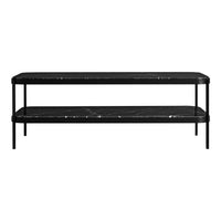 Black marble coffee table with white veining and a sleek metal frame. Modern design with a stylish monochrome palette.