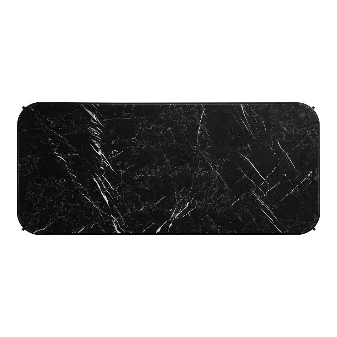 Black marble mat with striking white veining pattern, sleek rectangular design, perfect for modern decor.