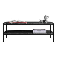 Black marble coffee table with white veining, featuring a sleek design and metal legs. Perfect for modern decor.