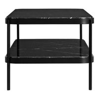 Black marble side table with sleek black metal legs, featuring subtle white veining and a modern design.