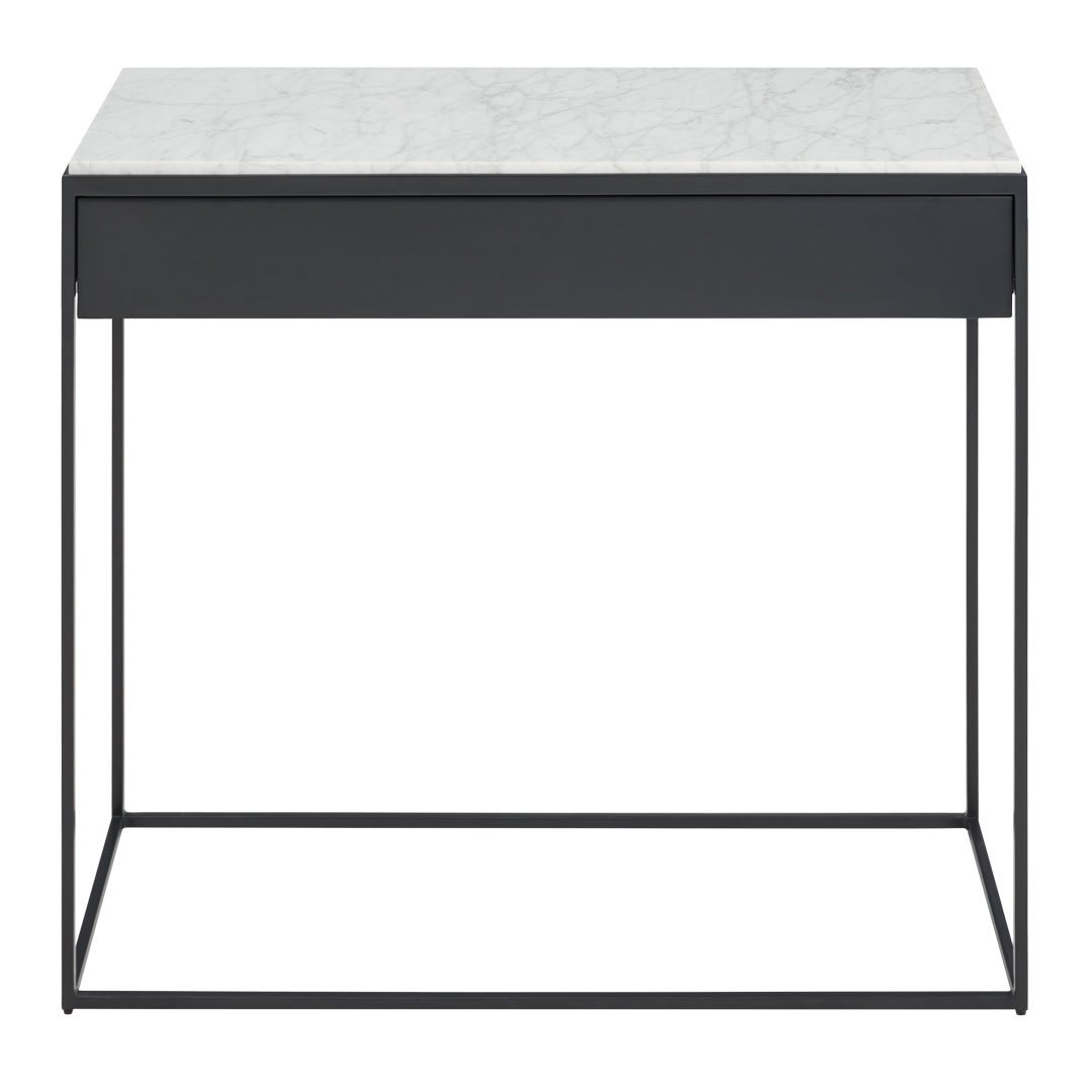 Modern black metal side table with a sleek white marble top and minimalist design. Perfect for contemporary decor.