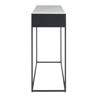 Sleek black metal console table with a minimalist design and a smooth, light gray top.