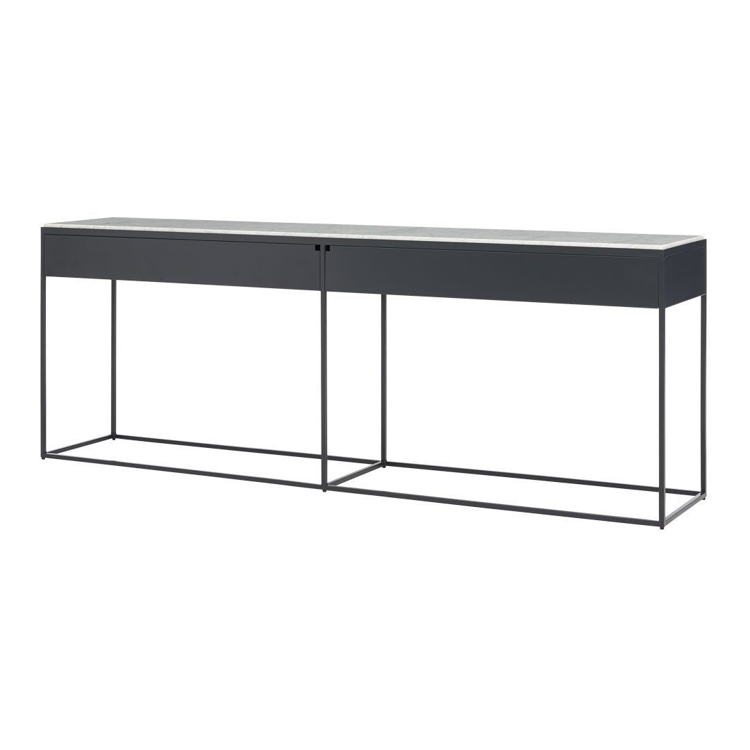 Stylish gray console table with a sleek matte finish and minimalist black metal frame, perfect for modern decor.