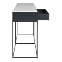Sleek black metal desk with a white marble top, featuring a minimalist design and open drawer. Perfect for modern decor.