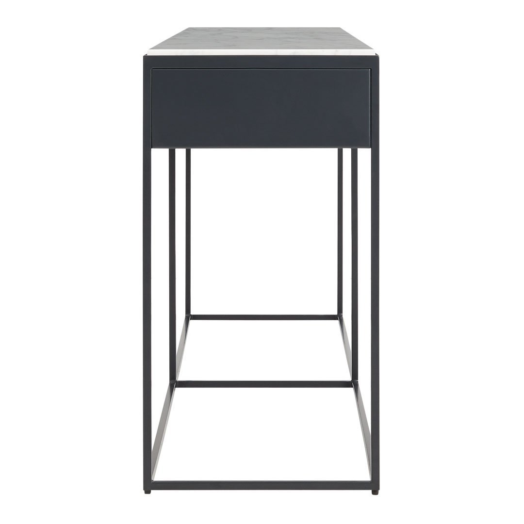 Sleek black metal frame with a white marble top, featuring a minimalist design and smooth surfaces.