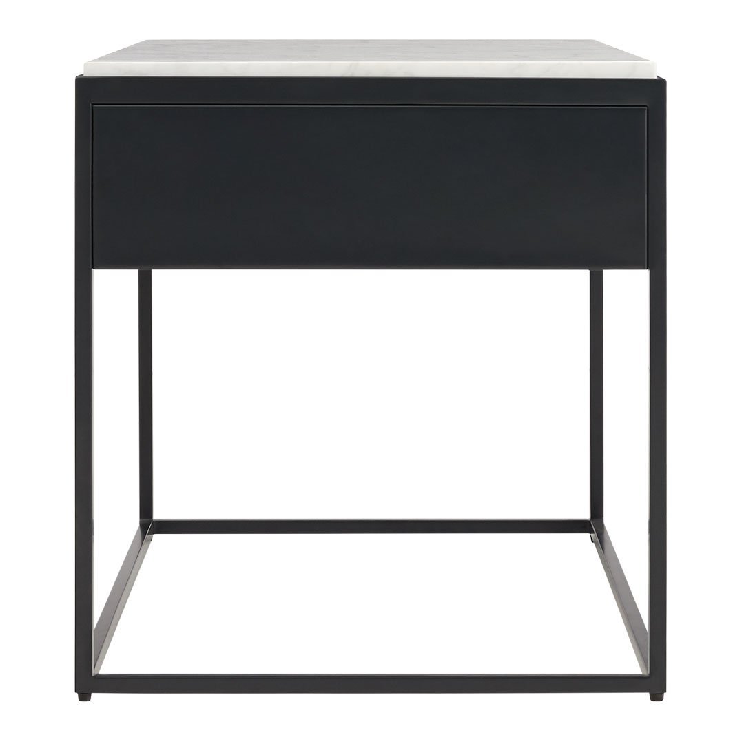 Modern black metal nightstand with a sleek white marble top. Minimalist design featuring clean lines and a sturdy frame.
