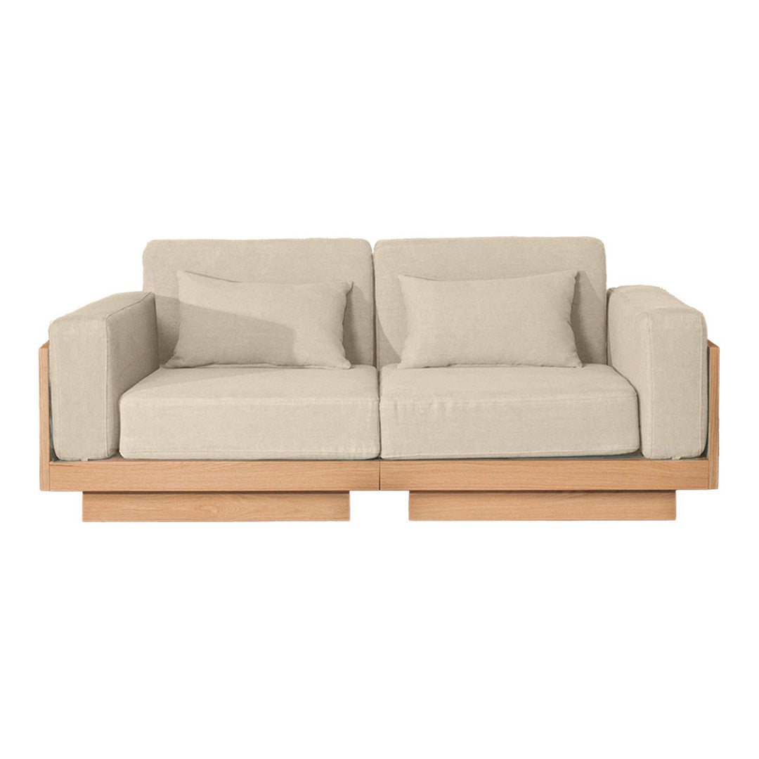 Beige two-seater sofa with minimalist wooden frame and plush cushions, perfect for modern living spaces.