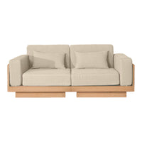 Beige two-seater sofa with minimalist wooden frame and plush cushions, perfect for modern living spaces.