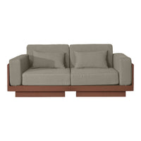 Stylish gray fabric sofa with a modern wood base, featuring clean lines and a minimalist design.