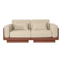 Beige fabric sofa with smooth cushions and rich wooden base, featuring a minimalist design. Ideal for modern interiors.