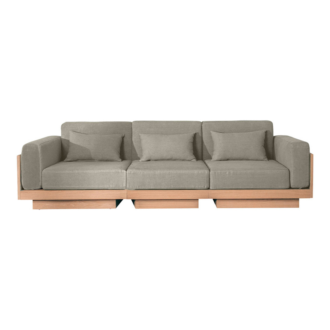 Light gray fabric sofa with minimalist design, featuring soft cushions and a natural wood base.