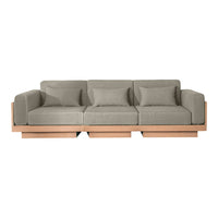 Light gray fabric sofa with minimalist design, featuring soft cushions and a natural wood base.