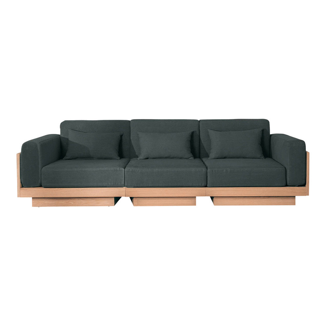 Dark gray upholstery with a minimalist design, featuring soft cushions and a natural wood base.