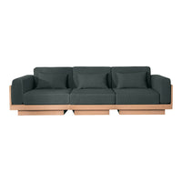 Dark gray upholstery with a minimalist design, featuring soft cushions and a natural wood base.
