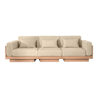 Beige upholstered sofa with a minimalist wooden base and solid cushions, showcasing a modern, neutral color palette.