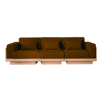Brown upholstered sofa with plush cushions and a light wood base, featuring a modern, minimalist design.