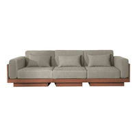 Gray fabric sofa with square cushions and a solid wood base, featuring a minimalistic and modern design.