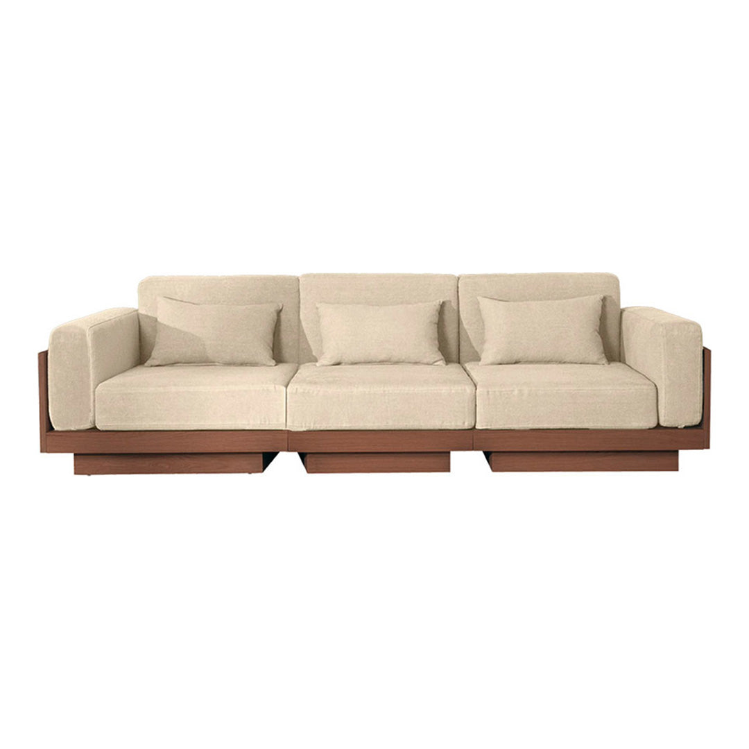 Beige fabric sofa with a sleek brown wooden base and minimalist design. Ideal for modern living spaces.