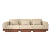 Beige fabric sofa with a sleek brown wooden base and minimalist design. Ideal for modern living spaces.