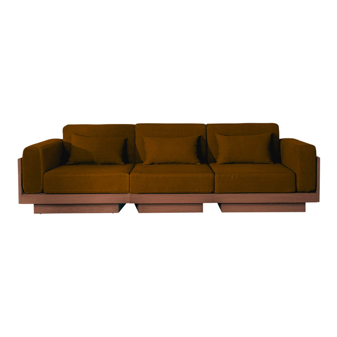 Brown upholstered sofa with plush cushions and a sleek, modern design featuring a solid color without patterns.