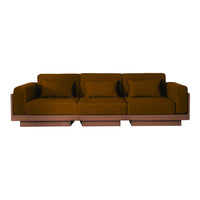 Brown upholstered sofa with plush cushions and a sleek, modern design featuring a solid color without patterns.
