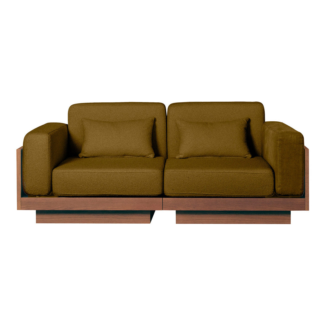 Brown upholstered sofa with a minimalist design, featuring plush cushions and a wooden base.