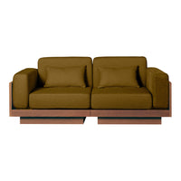 Brown upholstered sofa with a minimalist design, featuring plush cushions and a wooden base.