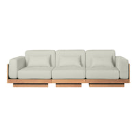 Light gray cushioned sofa with a minimalist wooden base. Modern design with clean lines and neutral tones.