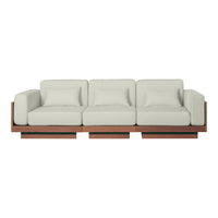 Light beige cushions with a smooth texture on a wooden base in warm brown tones. Modern and minimalist design.