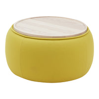 Round yellow ottoman with a smooth wooden top, featuring a simple and modern design perfect for any space.