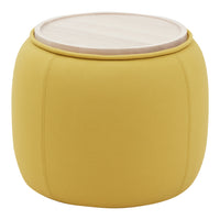 Round yellow pouf with textured surface and light wood top, perfect for adding a pop of color and modern design.