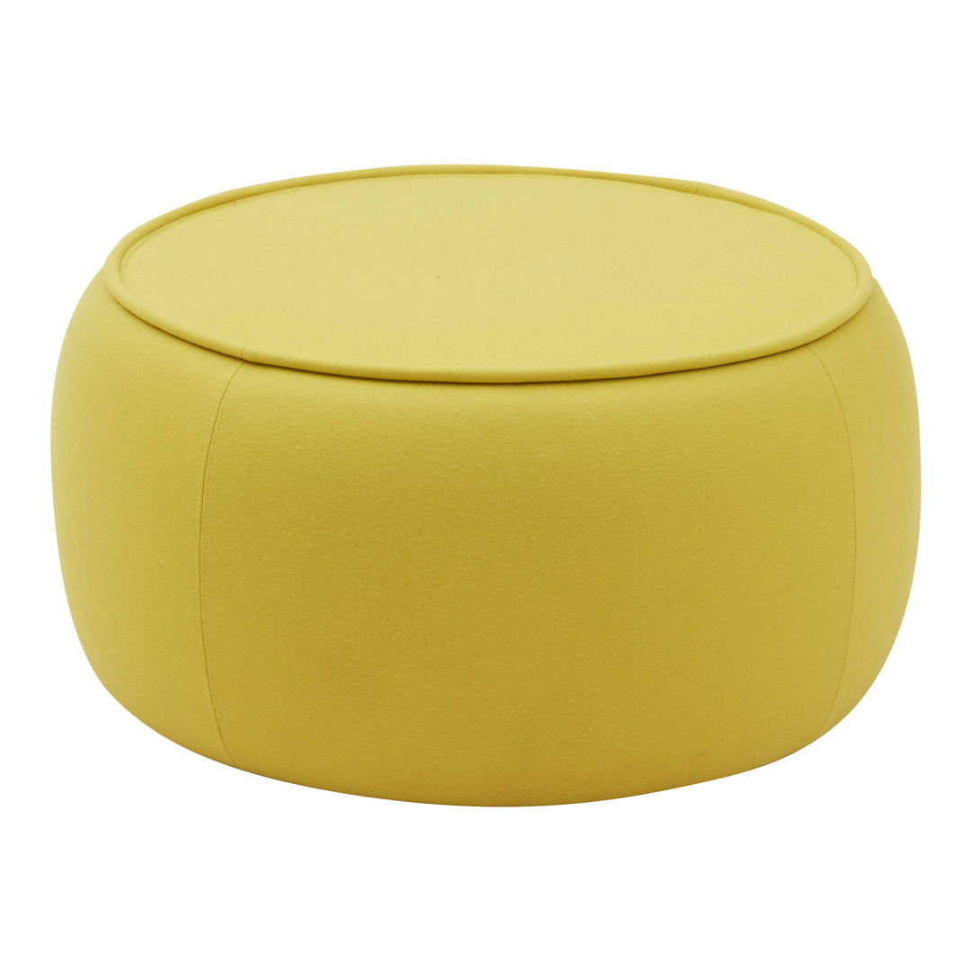 Bright yellow round ottoman with a smooth, minimalist design, perfect for adding a pop of color to any space.