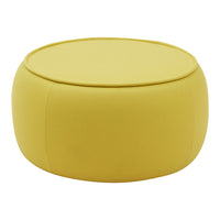Bright yellow round ottoman with a smooth, minimalist design, perfect for adding a pop of color to any space.