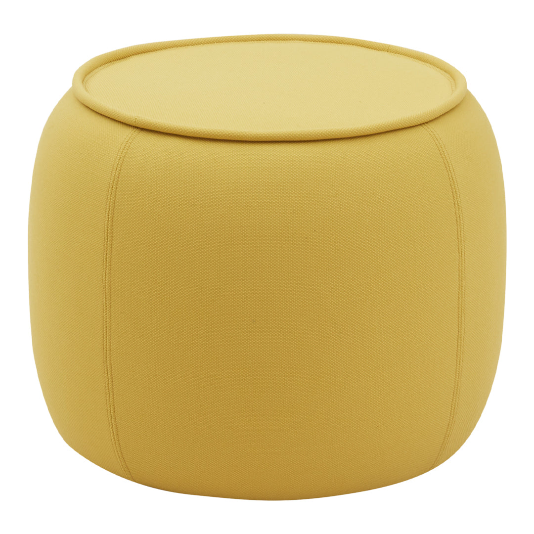 Bright yellow pouf with a smooth, rounded design and subtle stitching pattern, perfect for modern decor.