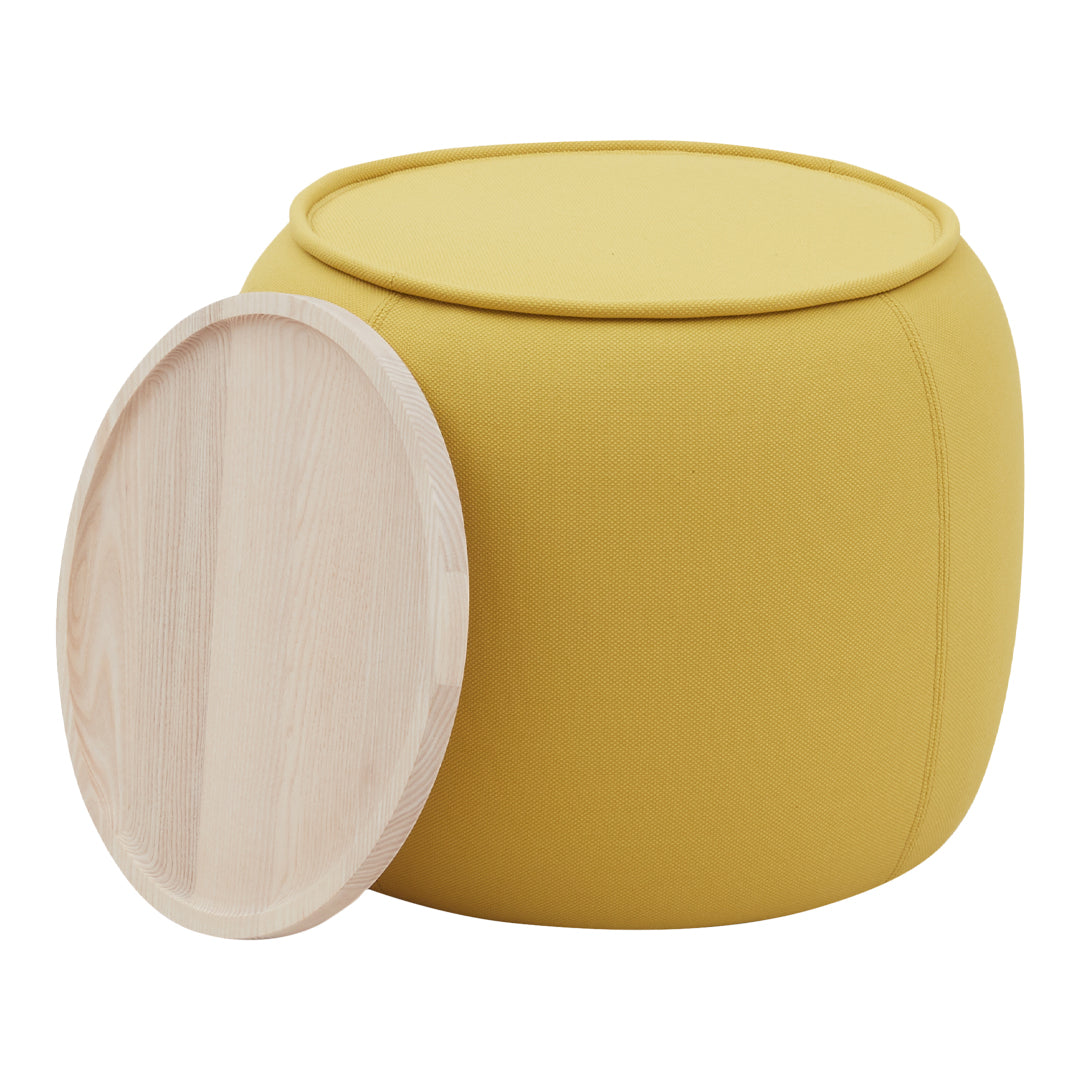 Yellow upholstered stool with a smooth wooden lid, featuring a simple, modern design.
