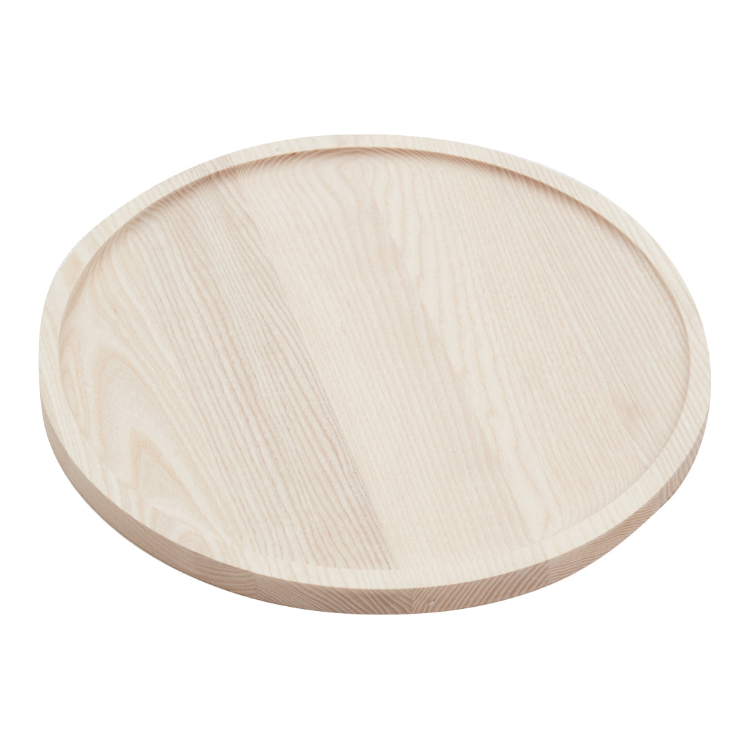 Natural light wood round serving tray with a smooth, polished finish and subtle grain pattern.