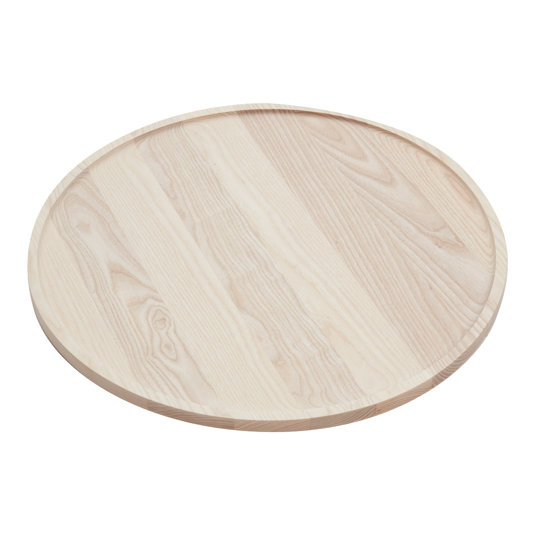 Round wooden serving tray with a light, natural finish and subtle grain pattern. Ideal for rustic table settings.