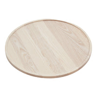 Round wooden serving tray with a light, natural finish and subtle grain pattern. Ideal for rustic table settings.